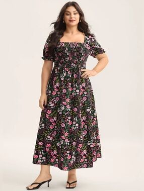 Bloom Chic Floral Square-Neck Smocked  Maxi Dress
